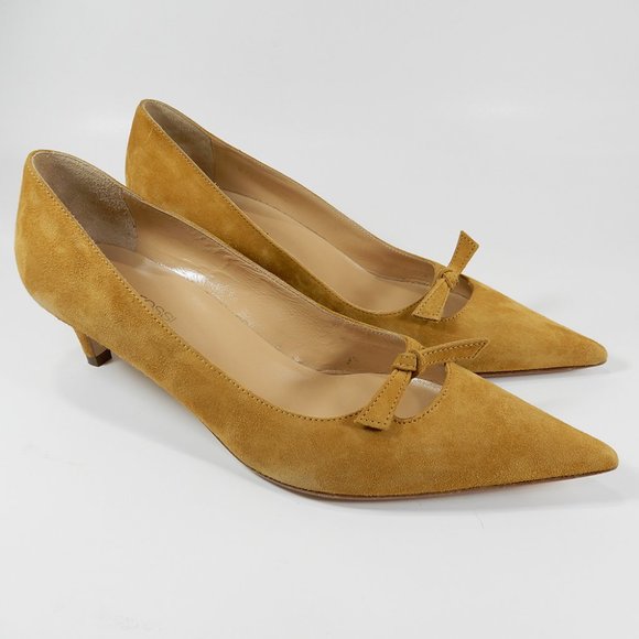 SERGIO ROSSI Pumps Size 35 5 Bow Pointed Toe Kitten Heel Caramel Suede NEW $695 - Picture 2 of 9